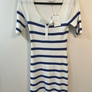 White and Blue Bodycon Mini Dress with Scoop Neck